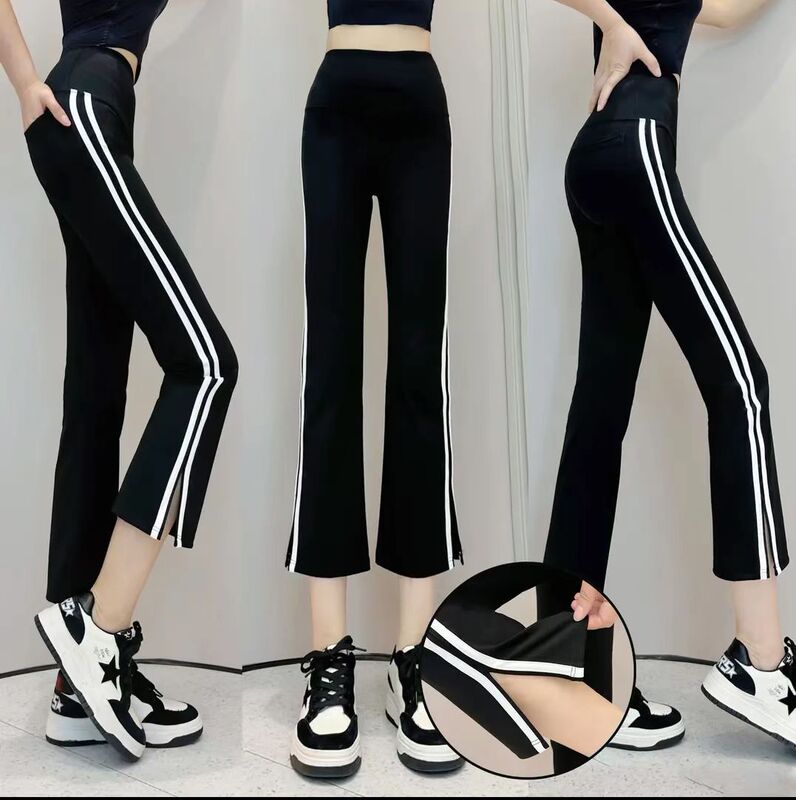 Straight-Leg Slit Cropped Pants Summer Side Stripe Shark Pants Versatile Slimming Flattering Outerwear Barbie Pants Women High Elasticity