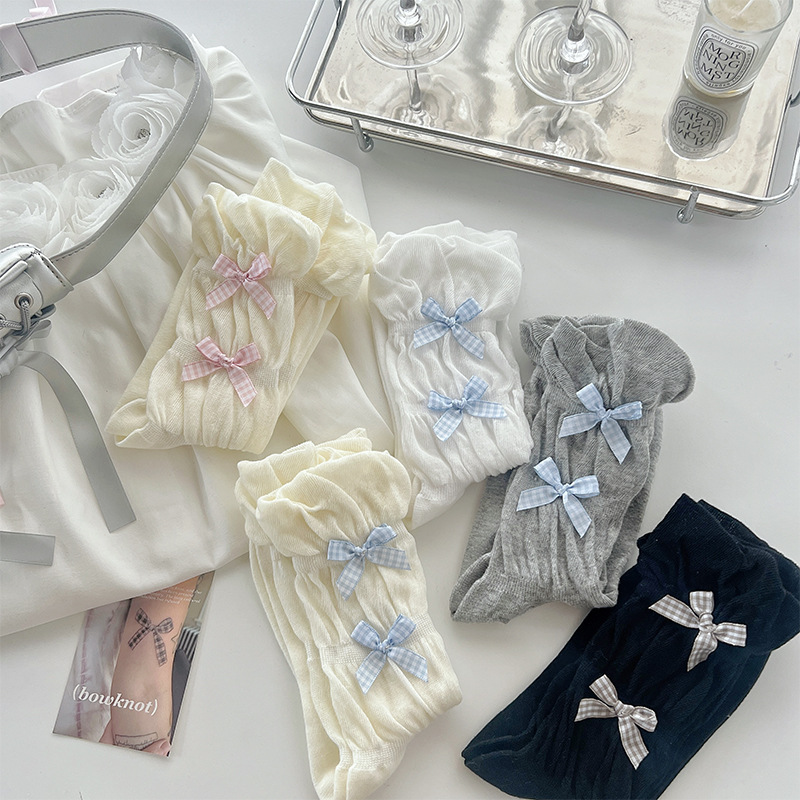 Bowknot Socks Women's Miu Style Pleated Bubble Mouth Lace Mid-length Stockings Spring and Summer Thin Ballet Style Stacked Stockings