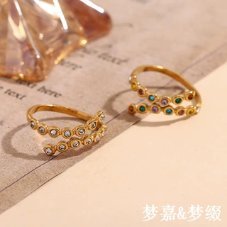 欧美时尚创意小众个性手饰不锈钢镀18K金交叉开口微镶水钻戒指女