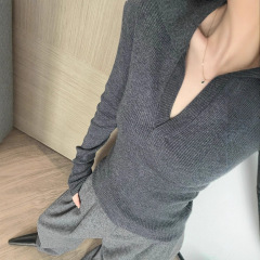 灰色polo领修身羊毛针织衫上衣韩系短款内搭打底衫翻领毛衣女早秋