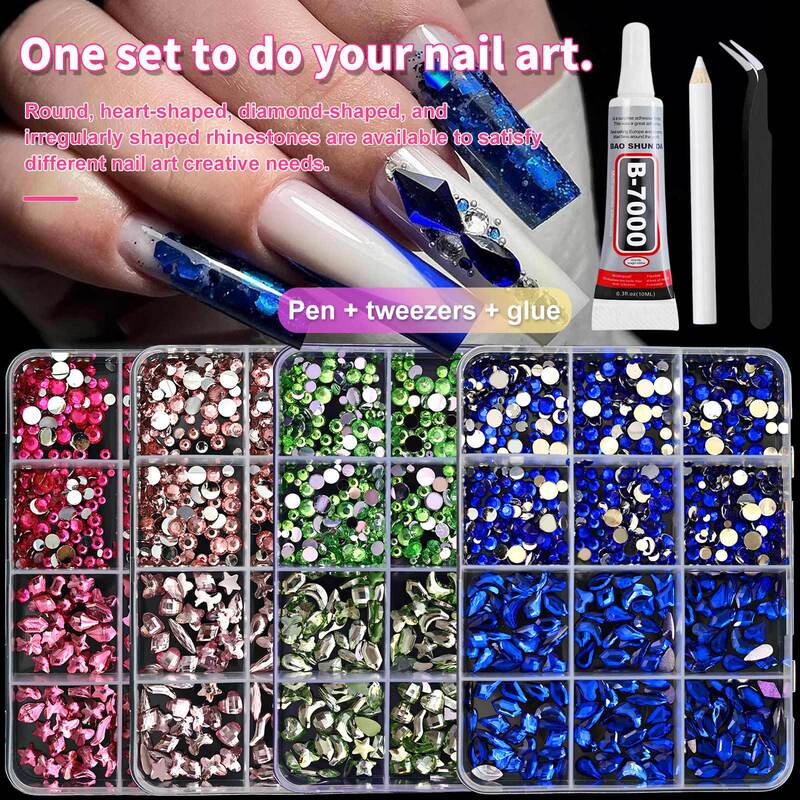 Nail Art Accessories DIY 12-Compartment Acrylic Flat-Back Rhinestones 3mm Mixed-Shaped Acrylic Mixed-Pack Wearable Nail Decorations Rhinestones