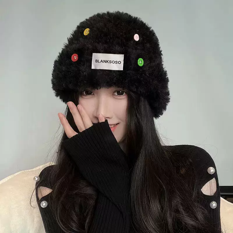 冬季加厚百搭保暖纽扣帽子堆堆帽渔夫帽冷帽大头围毛线盆帽帽子女