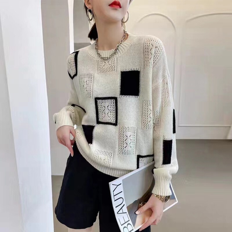 Black and White Color-Blocked Checkered Knitwear Autum Korean Style Slim Casual Loose Versatile Cut Out Long-Sleeved Round Neck Bottoming Shirt Black and White Color-Blocked Checkered Knitwear Autum Korean Style Slim Casual Loose Versatile Cut Out Long-Sleeved Round Neck Bottoming Shirt