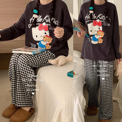 Spring and Autumn Style Loose Round Neck Cute Cartoon Cat Homecoming Set with Long Sleeve Top and Bottom Pants