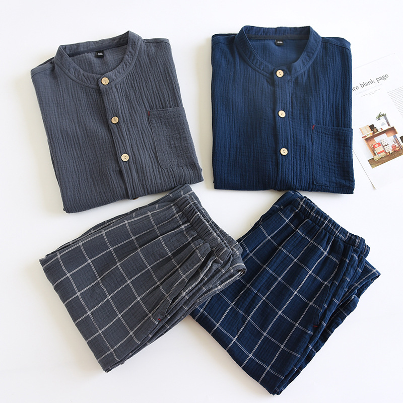 Simple pajamas men's spring and autumn summer cotton gauze double-layer crepe long-sleeved cardigan loose plus size home wear suit