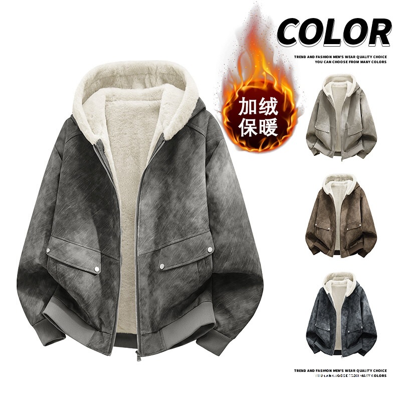 Cross-border wholesale of American-style trendy brand Zuo Shan Diao plush hooded winter leather jackets for men and couples, warm, loose-fitting, and versatile