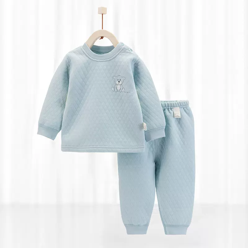 婴幼儿秋冬三层保暖肩扣套装儿童保暖套装新生儿宝宝衣服长袖