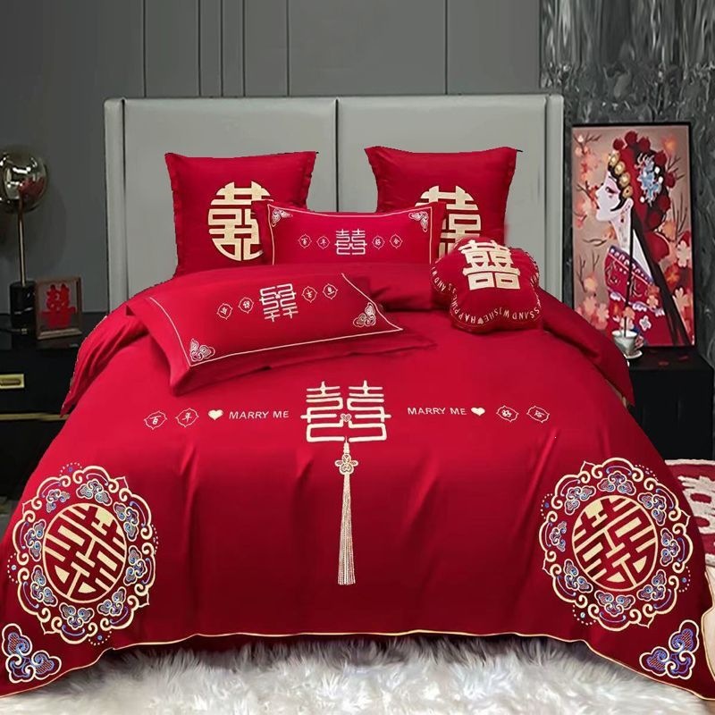 Cuatro piezas de boda china dragón-fénix bordado sábanas de boda rojas casa de boda colcha de cama image 18
