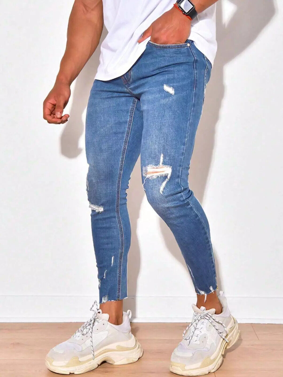 Jeans slim fit uomo strappati elastici pantaloni in denim_voghion.com