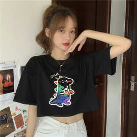 2024夏季韩版新款宽松短款减龄卡通涂鸦印花学生短袖T恤上衣女装