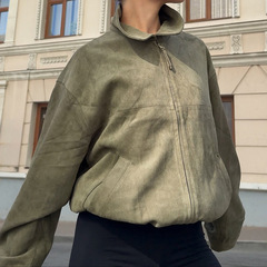 美式复古设计感绿色翻领长袖皮衣外套女潮流高街时尚百搭麂皮夹克
