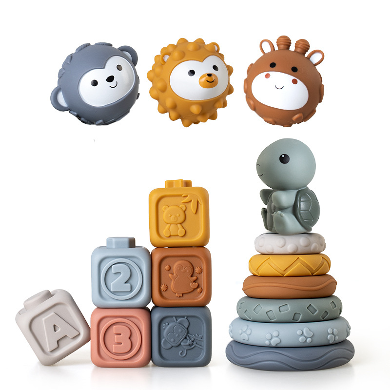 Juguetes transfronterizos de agarre de mano para bebés y niños pequeños, bloques de bloques de goma suave, círculos apilados, pellizcos para bebés, juguetes apilados de bolas image 25