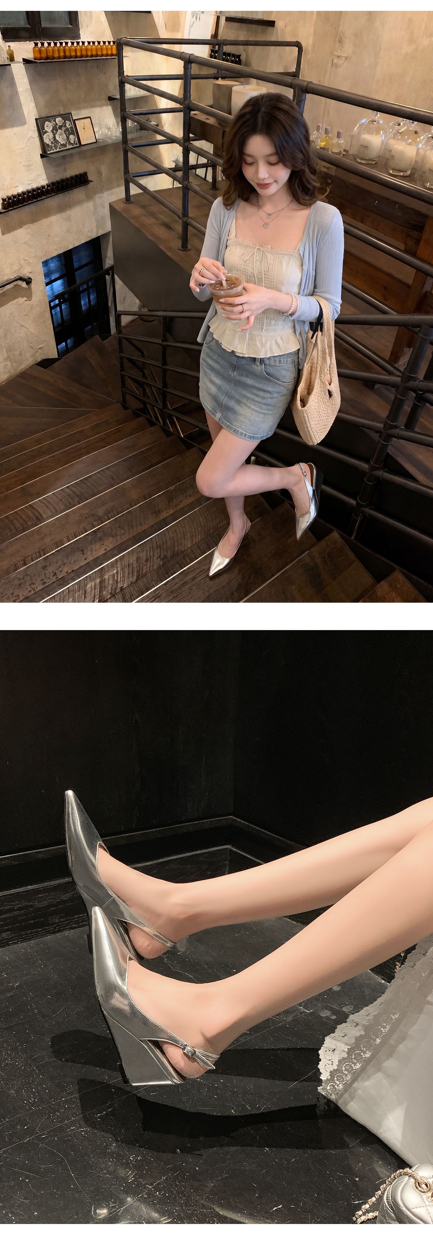 Giày cao gót nữ mũi nhọn quai hậu đế xuồng platform 9 cm — Trần truồng hồng, màu đen, bạc chi tiết 16