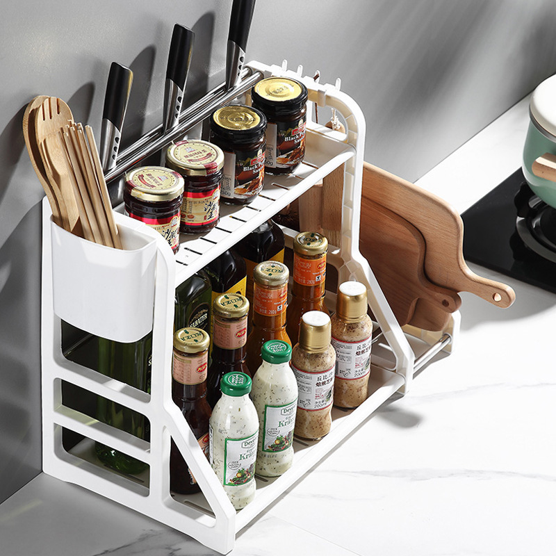 Cross-border kitchen storage rack seasonings rack countertop double-layer knife plastic storage rack finishing rack kitchen supplies Cross-border kitchen storage rack seasonings rack countertop double-layer knife plastic storage rack finishing rack kitchen supplies