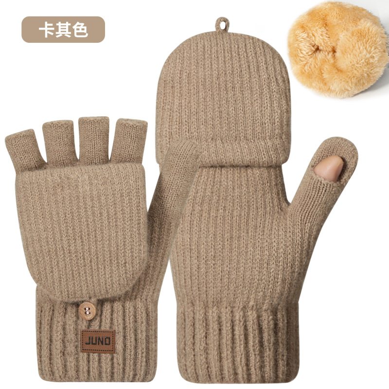 加厚女士漏指手套秋冬季双层加绒针织防寒保暖写字加盖半指手套|undefined