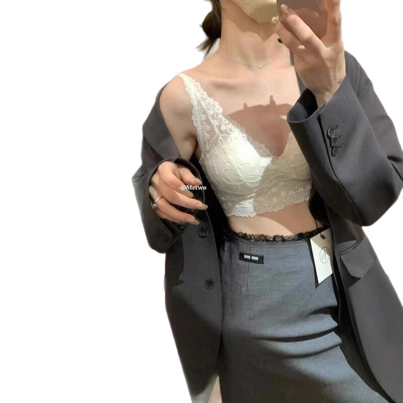 メトウ # フレンチレースVネックパープルピュアレース美背重ね着インナーコンフォート通気性ブラ|undefined