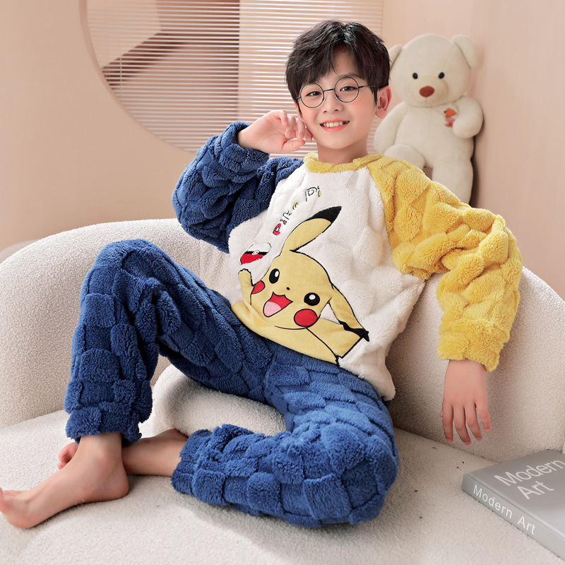 2024 년 새로운 어린이 잠옷 산호 양털 겨울 기모 두꺼운 소년 십대 학생  가을과 겨울
