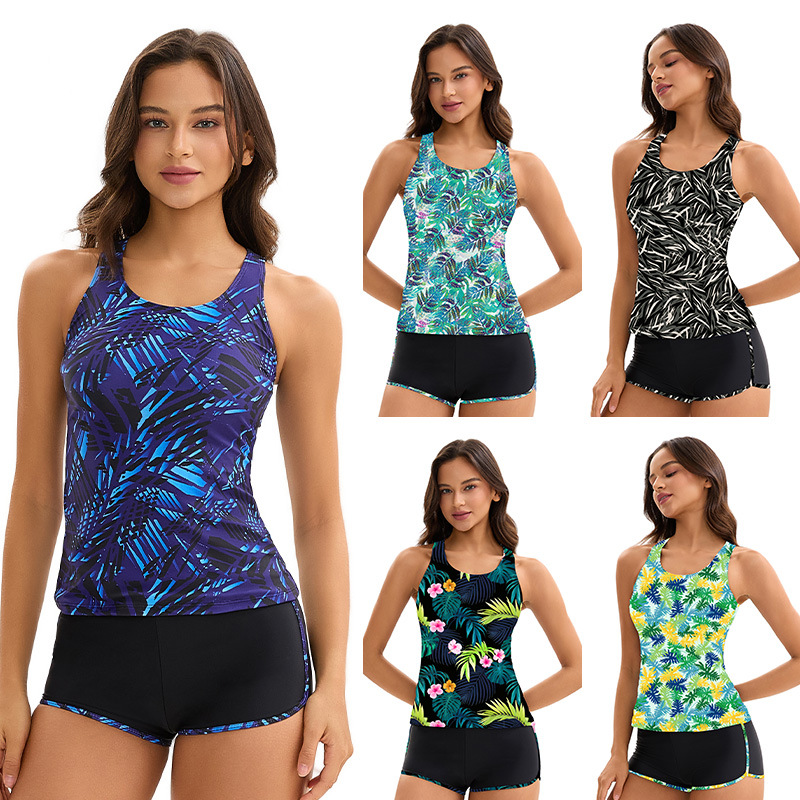 Amazon Women's Conservative Tankini Swimsuit Foreign Trade European and American Sports High Waist Boxer Cross-Border Split Swimsuit Wholesale