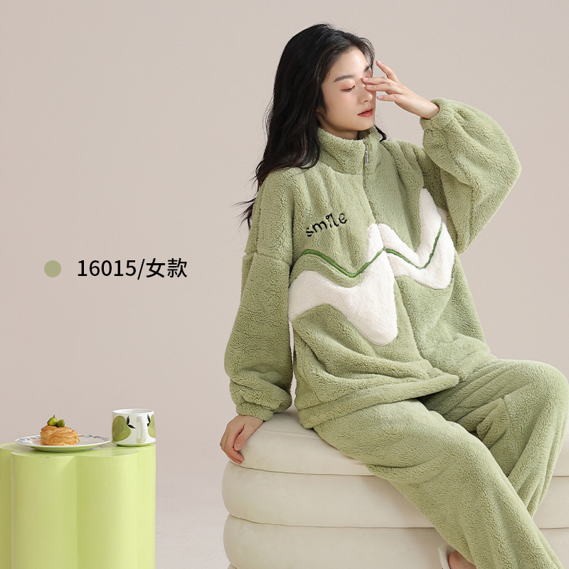 品牌同款情侣珊瑚绒睡衣男女士秋冬季法兰绒加厚半边绒家居服套装|undefined
