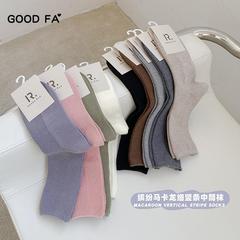 GOOD FA襪子女春夏新款馬卡龍細豎條細膩螺紋彈力中筒女襪短襪女