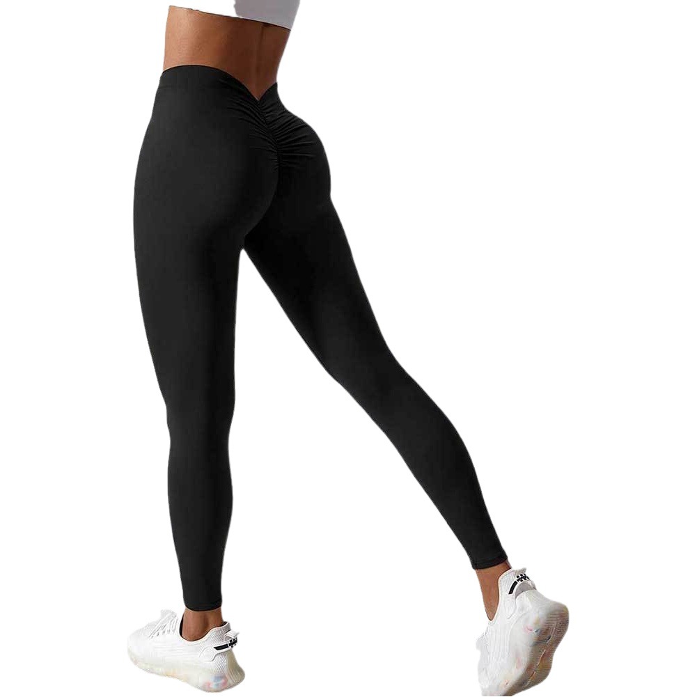 Color sólido cintura espalda V arruga cadera levantamiento nude recortada pantalones de yoga elástico alto transpirable de secado rápido pantalones de fitness para mujeres