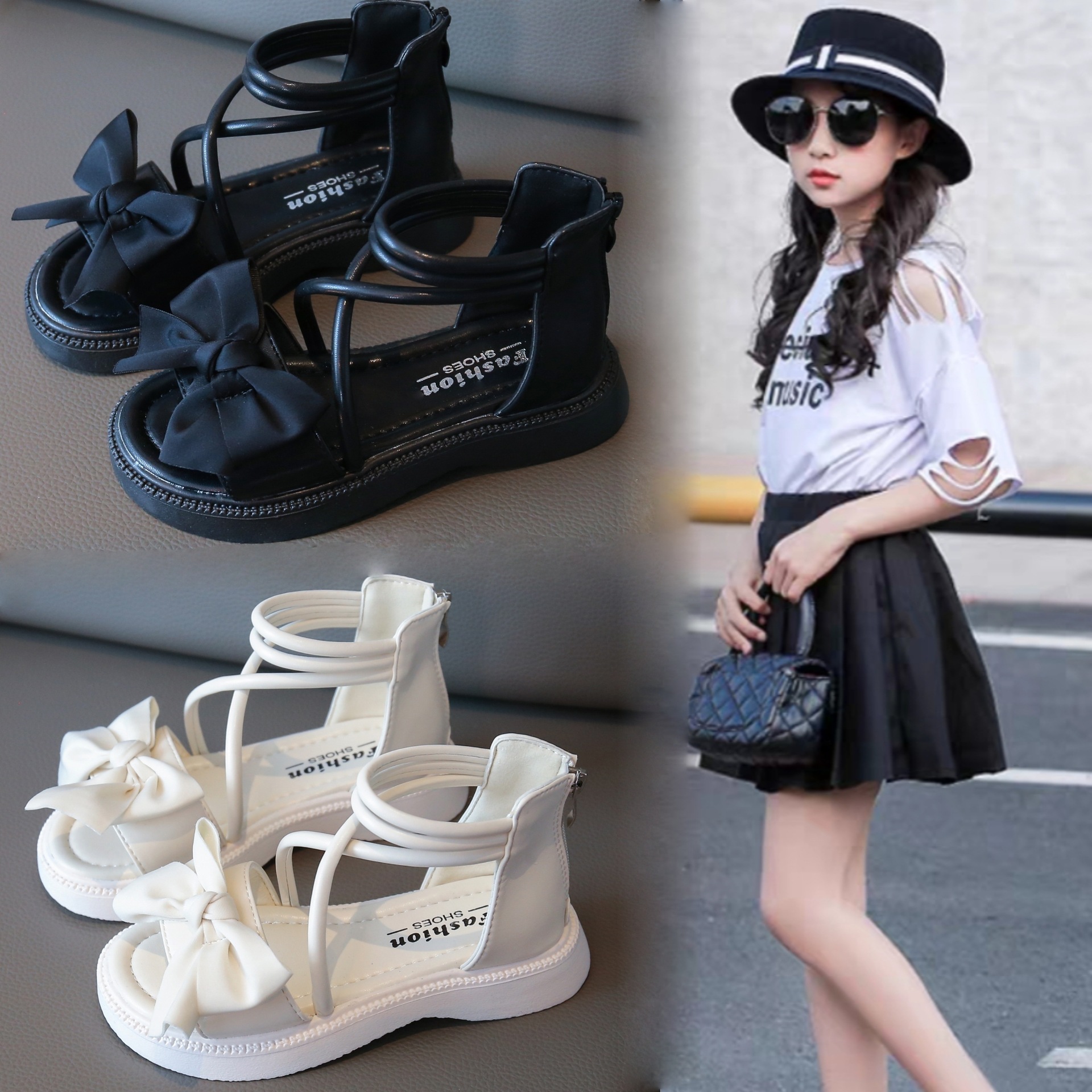Zapatos de princesa con lazo para niñas Sandalias romanas altas para niños 2025 verano nuevo estilo estilo occidental zapatos de playa para niños grandes image 1