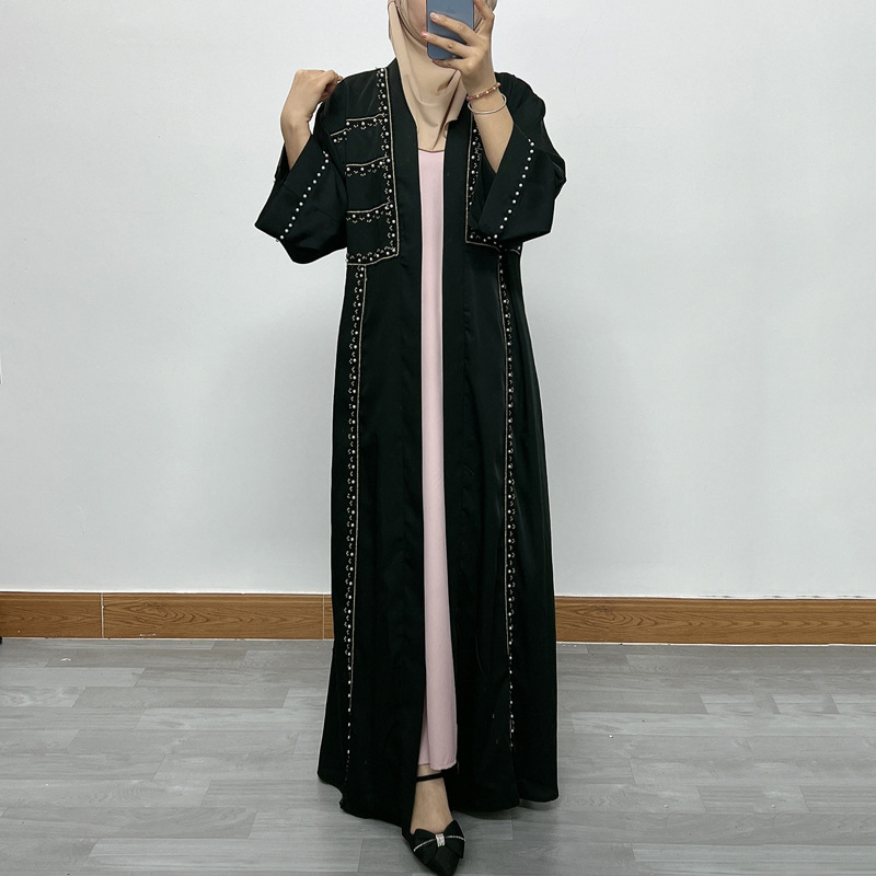 F332 Cross-Border Foreign Trade Women's Long Dress Middle East Dubai Embroidered Lace Pearl Beaded Cardigan Robe In_ecoleips.com