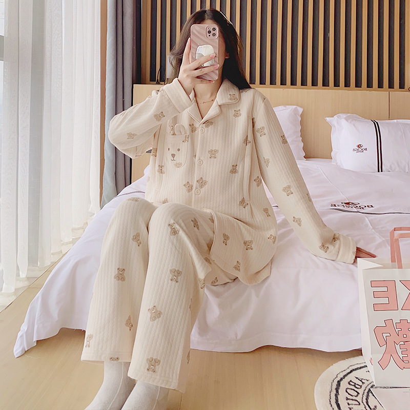 Cardigan outer wear new suit lapel cartoon bear Air cotton warm pajamas pregnant women postpartum nursing discharge clothes