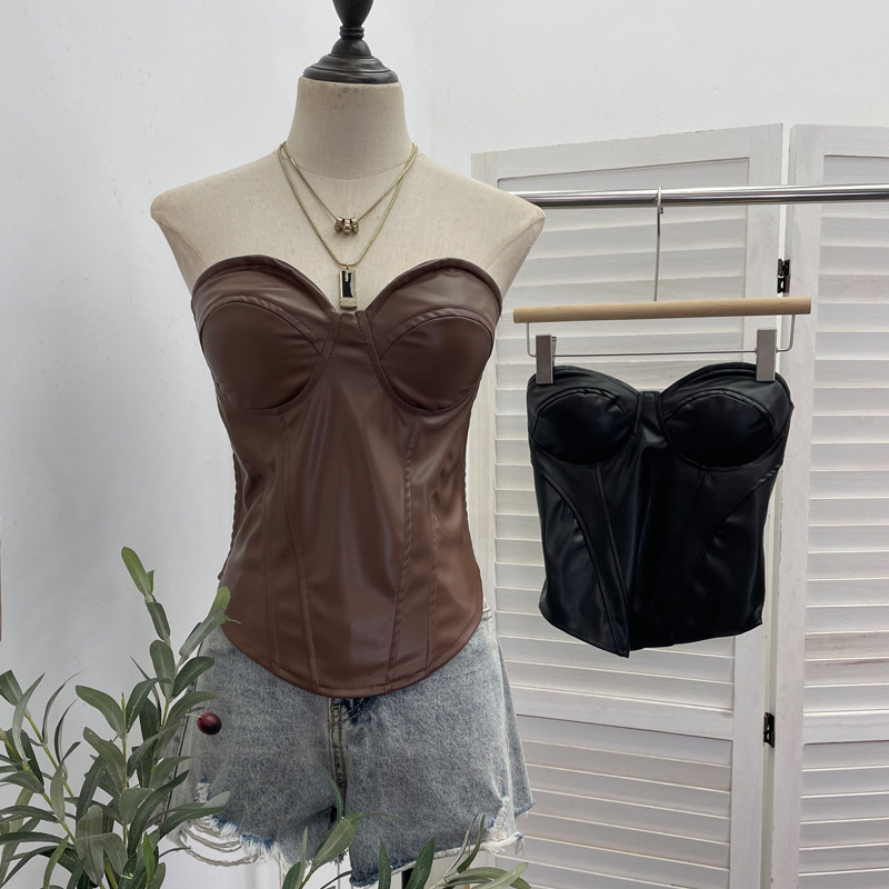 Real Shot of Cool Pu Leather Slim Waist Tube Top with Breast Pads, Sexy Sexy Leather Jacket Wrapped Chest Short Top 8117
