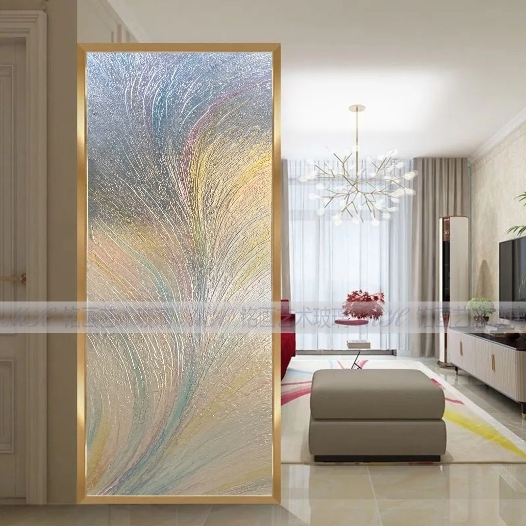 Light luxury minimalist light-colored glass carved texture art glass screen partition with high-end decorative nails
