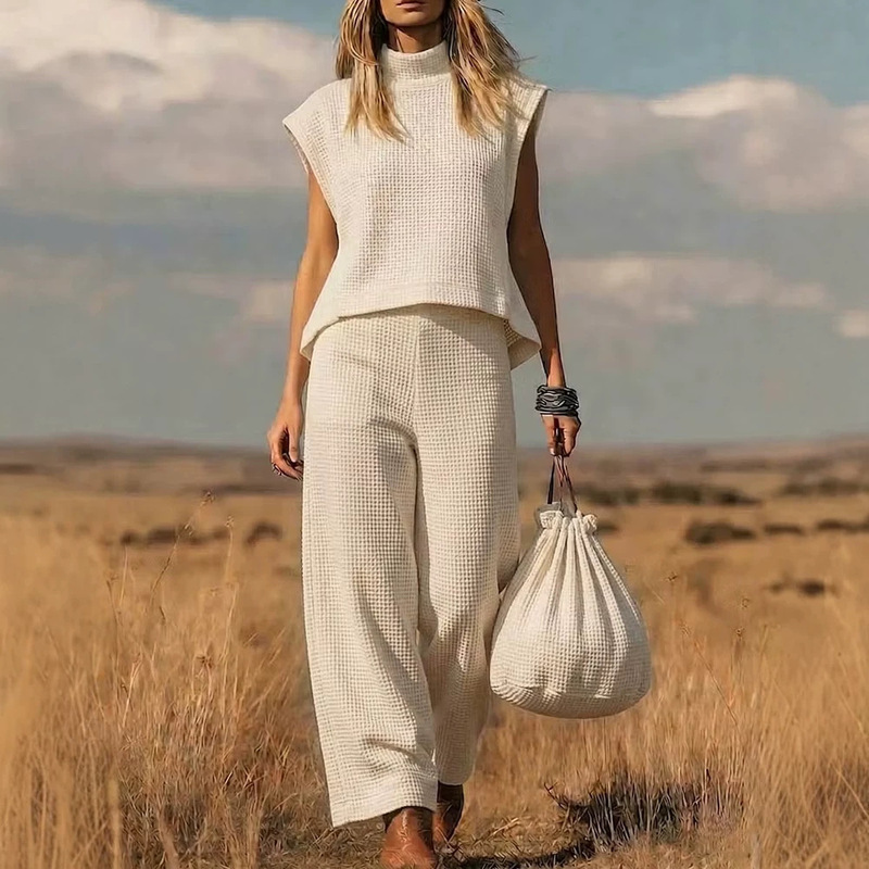 European and American Cross-Border Amazon Women's Clothing Autumn and Winter Waffle Knit Two-Piece Set Sleeveless Vest Loose Pants Casual Set European and American Cross-Border Amazon Women's Clothing Autumn and Winter Waffle Knit Two-Piece Set Sleeveless Vest Loose Pants Casual Set