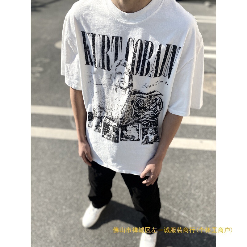 American Vintage Old White Ink Direct Spray Printing Men's Round Neck Short-Sleeved Star Same Style Couple T-Shirt Trendy
