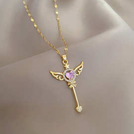 爆款新款抖音钛钢微镶翅膀爱心魔法棒项链男女饰品时尚个性网红