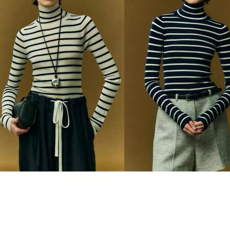120S Washable Wool Fashionable Contrast Striped High Neck Knitted Base Shirt