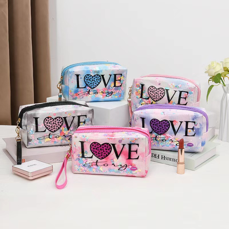 Transfronterizo nueva carta lentejuelas L0VE bolsa de cosméticos teñido de gran capacidad de almacenamiento bolsa de lavado de Internet celebridad mismo estilo bolsa de viaje