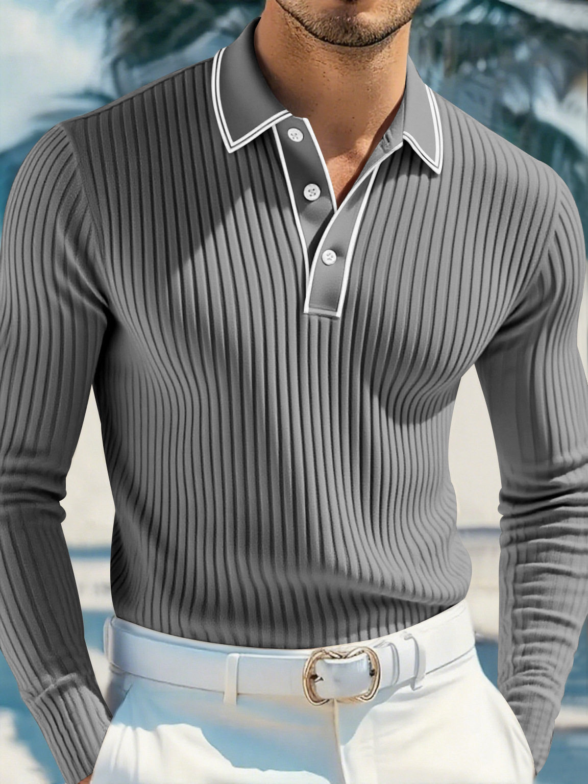 Transfronterizo Europa y América Amazon explosión de comercio exterior hombre camisa de manga larga botón transfronterizo estriado con la solapa de manga larga polo hombre