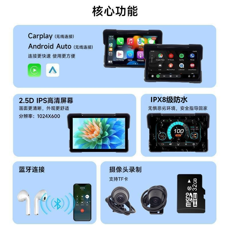 Cross-Border Exclusive 7inch Motorcycle Dashcam with Wireless Carplay, Front and Rear High-Definition Dual Recording for Vehicles