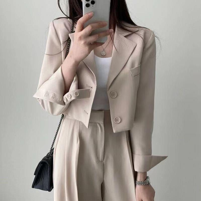 ChicShe Korean Chic Retro Revers Zwei-Knopf Lockerer Blazer Kurze Jacke Hoch taillierte Hose mit weitem Bein Lange Hosen Anzug Damen_voghion.com