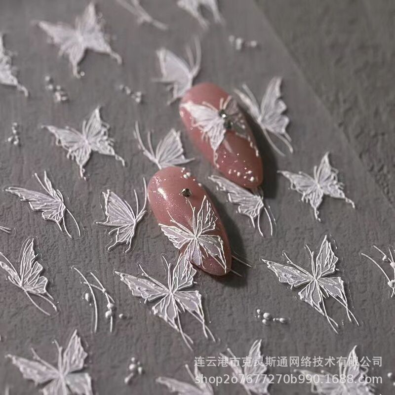Internet Celebrity New Nail Art Butterfly Liquid Butterfly Sticker Embossed Fairy Thin Tough White Small Butterfly Nail Sticker Decoration