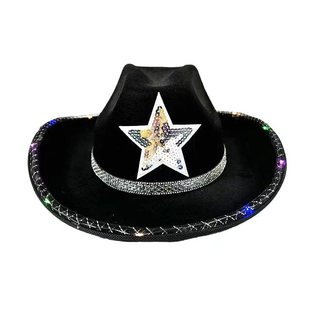 Black Trimmed Cowboy Hat with Colored Lights, Five-Pointed Star Diamond Strip White Cowboy Hat, Independence Day Diamond Strip Led Hat