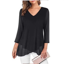 2025春夏季女式套头衫V领纯色修身优雅 下摆不对称T恤