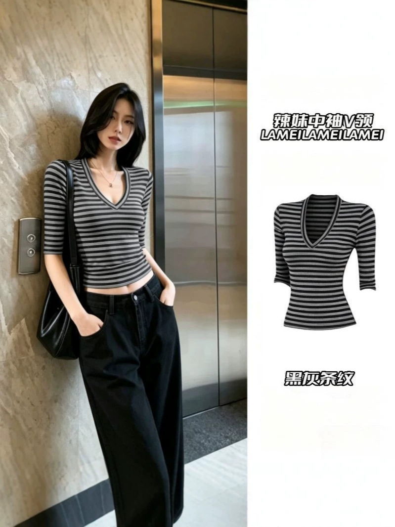 Black and Gray Striped American-Style Spicy Girl V-Neck Mid-Sleeve T-Shirt for Women, New Summer Slim-Fit Waist-Cinching Regular Shoulder Short Top