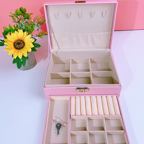 Lockable Double-Layer Large Capacity Leather Jewelry Box for Rings, Necklaces, Earrings, and Studs