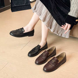 8988-1 英伦风复古圆头乐福鞋女新款百搭一脚蹬布洛克小皮鞋单鞋