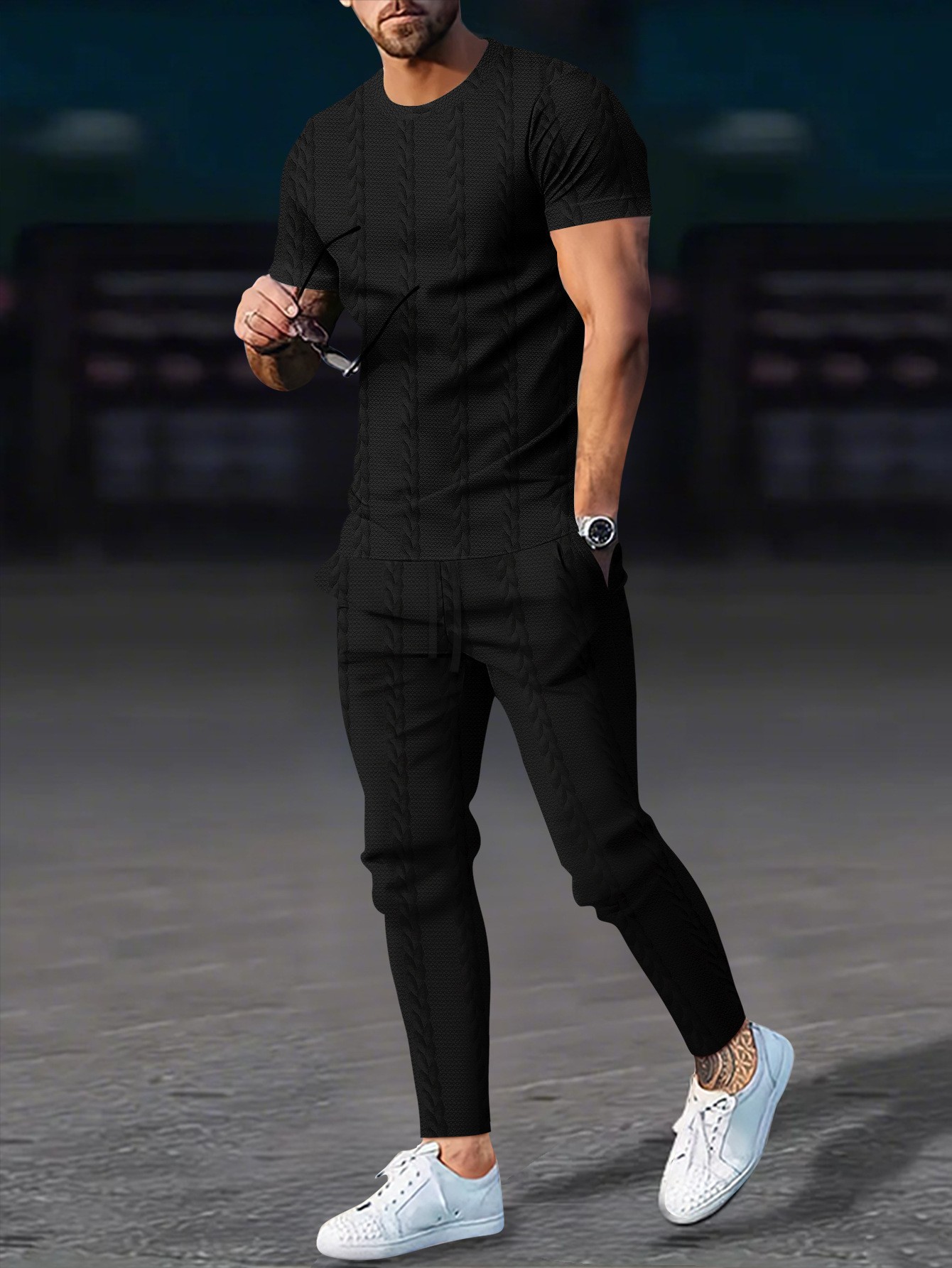 Men's Cable Knit Solid Color Jacquard Pullover Crew Neck Short Sleeve Trousers Casual Suit American Style Autumn New_viptrois.com