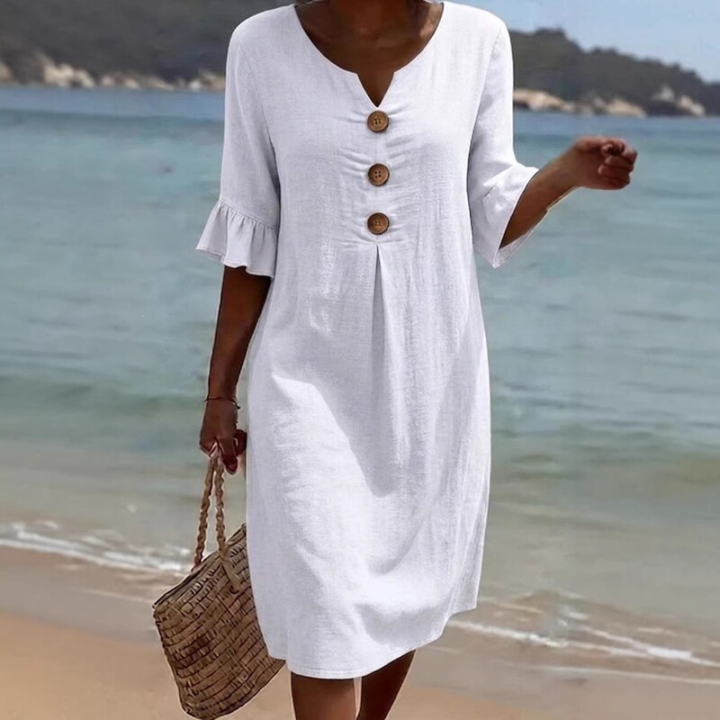 2026 Amazon European and American Cross-Border Spring and Summer New Cotton and Linen V-Neck Short-Sleeve Dress with Large Buttons and Ruffle Sleeves Design 2026 Amazon European and American Cross-Border Spring and Summer New Cotton and Linen V-Neck Short-Sleeve Dress with Large Buttons and Ruffle Sleeves Design