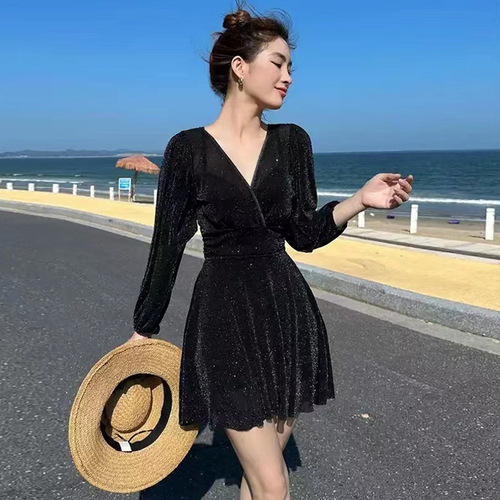 Women's Polyester One-Piece Long-Sleeve Elegant Solid Color French Dress Style Bra-Covered Shaping Conservative Slimming Hot Spring Swimsuit