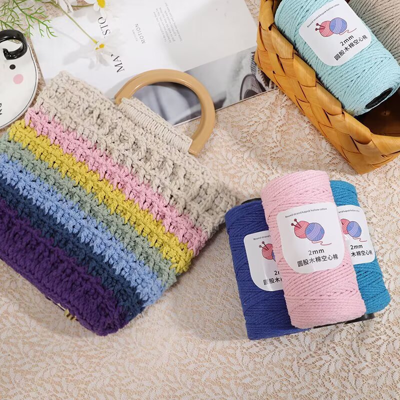 Popular 2mm Round Strand Hollow Yarn European-Style Crochet Bag Hollow DIY Thread Hand Knitting Crochet with Hollow Cotton 0.15kg Skein