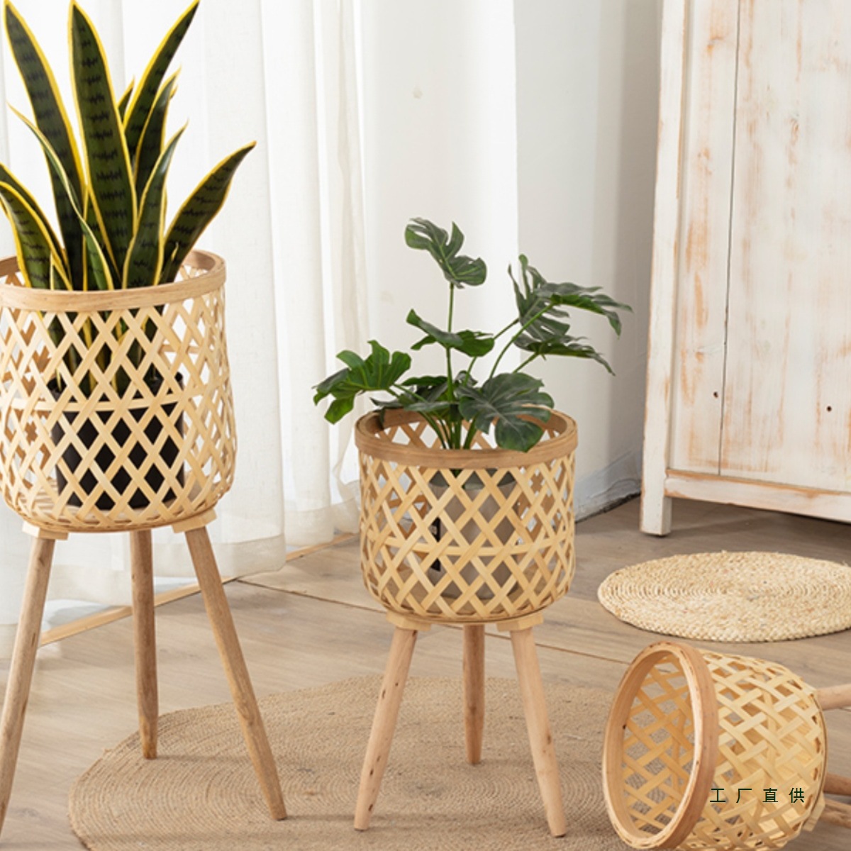 北欧创意藤编竹编草编花篮木质高花架落地式室内客厅装饰绿萝花盆