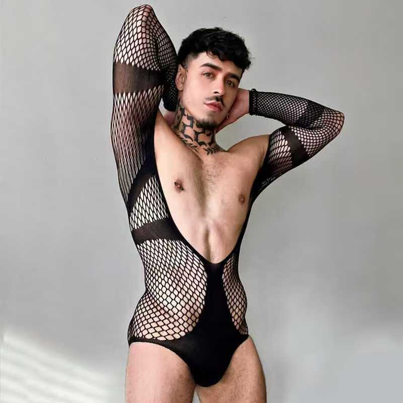 Men's Sexy Fishnet Clothing, Tight-Fitting Long-Sleeved Hollow Temptation, Open Crotch Free